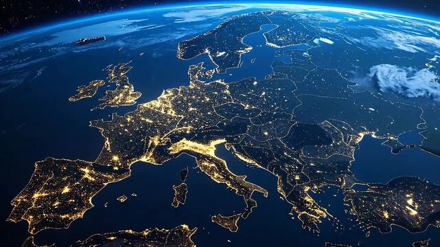 Detailed view of Europe from space, showcasing city lights at night.