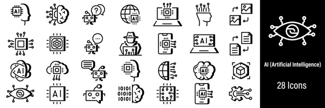 AI generation Web Icons. Artificial Intelligence , Robot, Assistent, Chip Control, Chat AI. Vector in Line Style Icons     