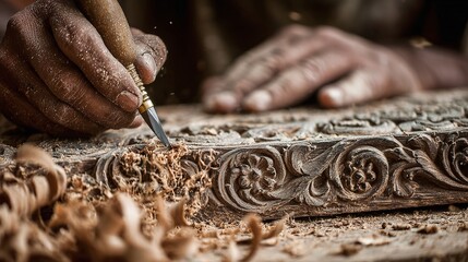 A craftsman's hands meticulously carving intricate floral designs into wood, showcasing the artistry of woodcarving. Each precise cut brings beauty to life.