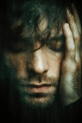 Obraz premium Close-up of a man with his eyes closed, hand against his temple, looking tired and distressed. Concept Close-up portrait of a distressed man, Hand on temple, Eyes closed with fatigue