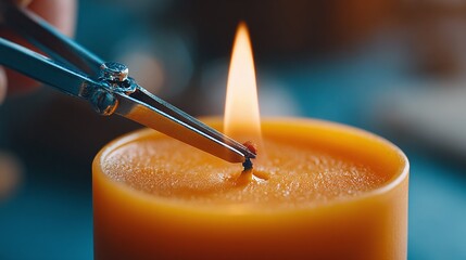 Candle flame maintenance using silver candle wick trimmers. A clean, even burn is achieved by using wick trimmers on a cylindrical paraffin candle, orange in color.