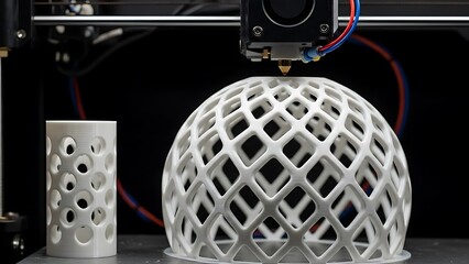 3 D Printer Creating White Lattice Sphere and Cylinder