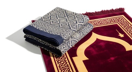 Traditional Islamic prayer mats: Elegant red velvet with gold arch design and patterned fabric for Muslim worship.