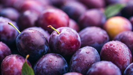 Obraz premium Fresh plums with droplets arranged on a table ready for sale in a market during the summer season