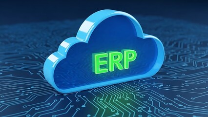 Blue Cloud with Green E R P Text on Circuit Board Background