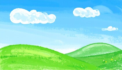 のどかな自然の風景イラスト（青空の背景、壁紙）