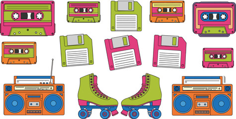 Retro 1980s pop culture illustration set with cassette tapes floppy disks boombox and roller skates, colorful vintage technology and music icons isolated on white background