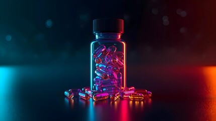 A clear glass pill bottle filled with translucent capsules, glowing under vibrant neon pink and blue lighting against a dark, reflective surface.