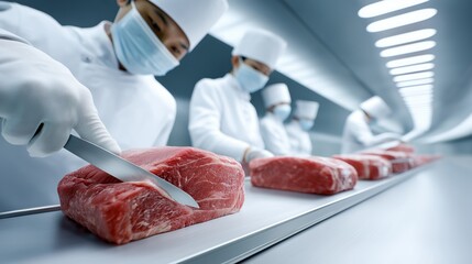 Skilled workers utilize sharp knives to carefully cut and prepare fresh meat in a semi-automated processing area. The environment is regulated for safety and efficiency