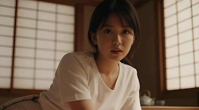 Peaceful Young Asian Woman Awakening Gently in Traditional Japanese Home Morning Light