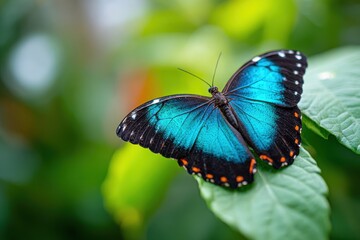 Fototapeta premium Vibrant butterfly on a leaf with water droplets