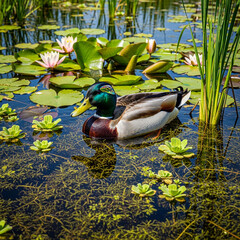 Male Duck Bathed in Light in a Mossy Pond with Lotus