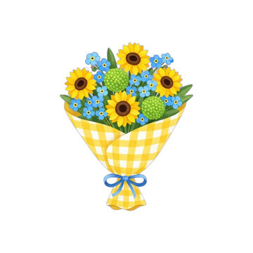 A cheerful bouquet of sunflowers and forgetmenots tied with a yellow gingham ribbon.
