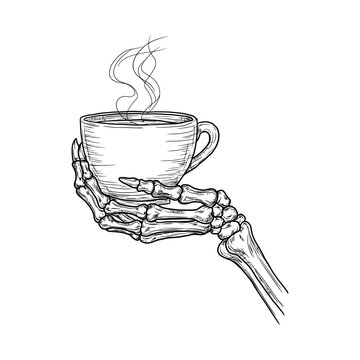 A skeleton's hand holding cup of tea, sketch. Vector illustration. A dead man's bony fingers hold mug of coffee, isolated on white background. Suitable for various occasions, for printing on textil