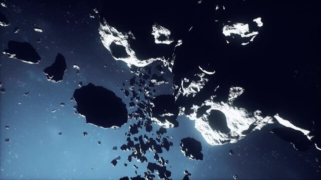 Dense asteroid belt with drifting fragments and dramatic illumination, scattered rocks tumbling through narrow orbits creating chaotic trajectories