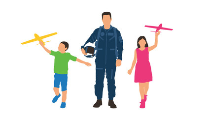 Fototapeta premium A pilot in a blue uniform stands with his children holding toy airplanes.