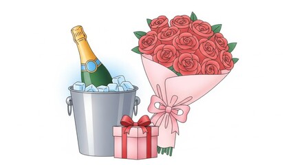 Romantic gift set with champagne, roses, and present