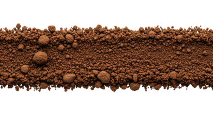 Rich brown soil texture with small clumps and granules, showcasing natural earth elements and organic material for agricultural use and gardening. Isolated on transparent background