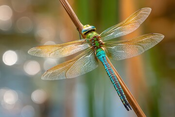 Vibrant dragonfly perched on a stick