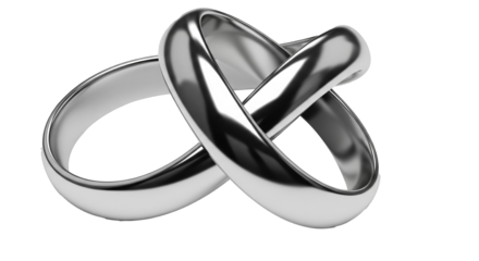 Shiny silver wedding rings intertwined on transparent background