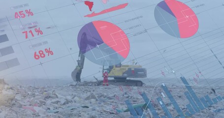 Animation of financial data processing over excavator at landfill site - Powered by Adobe