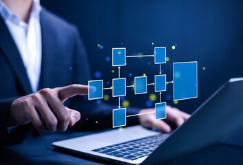 Business process diagrams, automated workflow design concepts with process diagrams, algorithms, process flow diagrams, work structure models, digital.
