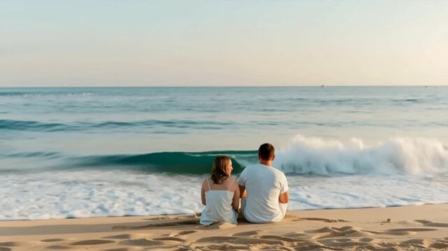 A couple enjoys a serene moment on the beach, watching the calm waves at sunset.