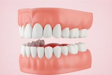 3D Illustration of Human Teeth and Gums Model, Dental Anatomy for Oral Health Care, Orthodontics and Perfect Smile Concept on Pink Background.