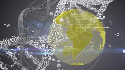Animation of dna, globe and data processing on grey background - Powered by Adobe