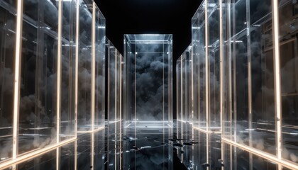 Futuristic interior installation featuring glass cubes filled with smoke and vertical neon light tubes, modern architectural art space