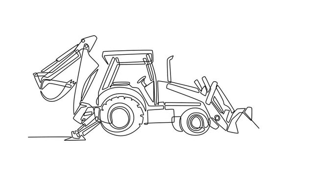 Animated self drawing of continuous line draw backhoe loader with both its front bucket and rear digger arm visible, versatility and power of common earthmover vehicles. Full length one line animation