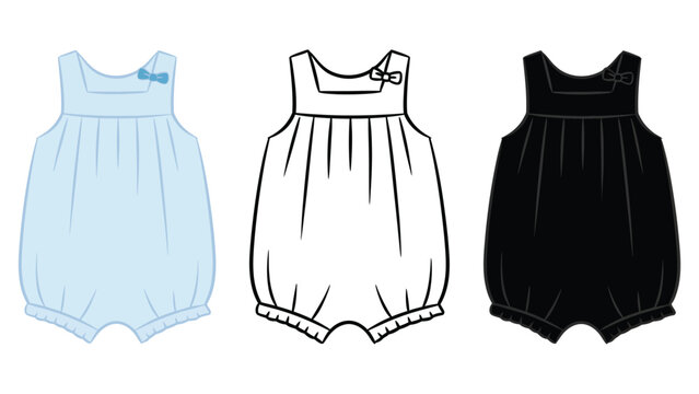 Three baby rompers in different colors and designs on a white background