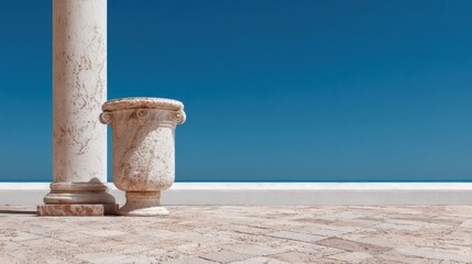 Naklejka premium Historic stone column and planter stand against a clear blue sky with open space, highlighting architectural features in a corporate background.