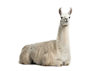 Fototapeta premium Elegant Cream-colored Fluffy Llama Animal Standing in Profile, a Beautiful Full-Body Mammal Portrait, isolated on transparent background for Cut-Out Designs.