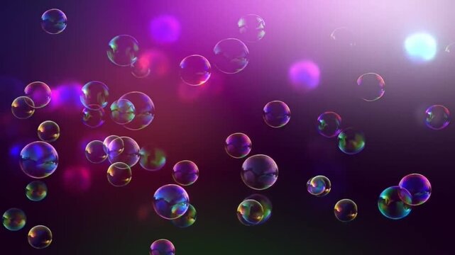 Colorful Iridescent Soap Bubbles Floating on Dreamy Purple and Magenta Background with Soft Light Leaks, Abstract Magic Spheres for Celebration and Relaxation