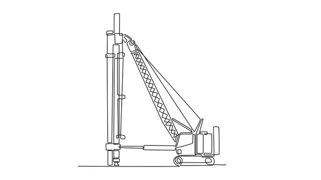 Animated self drawing of continuous line draw heavy-duty crane equipped with lattice boom, piling attachment, intricate structural supports and industrial complexity. Full length single line animation