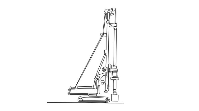 Animated self drawing of continuous line draw specialized piling rig used for deep foundation work. Vertical power and complex hydraulic structural components vehicles. Full length one line animation