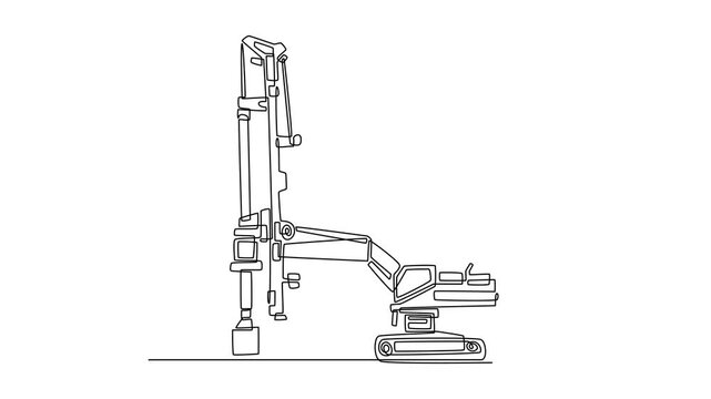 Animated self drawing of continuous line draw detailed rotary drilling rig construction vehicle featuring the tall vertical mast and crawler tracks in industrial style. Full length one line animation