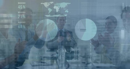 Animation of financial data processing over diverse business people - Powered by Adobe