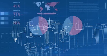 Animation of digital city over data processing on blue background - Powered by Adobe