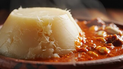 A closeup shot of a steaming freshly prepared traditional African fufu or pounded yam served alongside a rich vibrant and savory stew showcasing authentic West African cuisine and a hearty comforting.