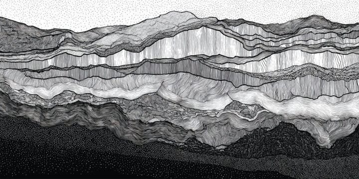 Intricate ink of layered mountain ranges with varied line work and stippling creating depth and texture