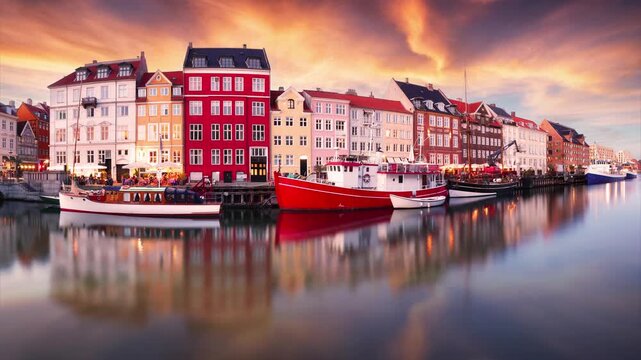 Copenhagen Nyhavn, New port of Copenhagen, sunset in Denmark