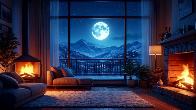 Cozy Living Room with Fireplace and Moonlit Mountain View at Night. Seamless looping 4k video background 