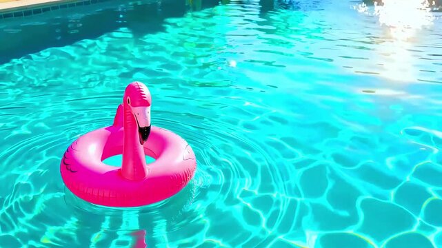 Bright pink inflatable flamingo pool float bobs gently on the clear, sunlit turquoise water, symbolizing tropical summer vacation relaxation and fun activities.