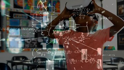 Animation of mathematical equations over schoolboy wearing vr headset - Powered by Adobe