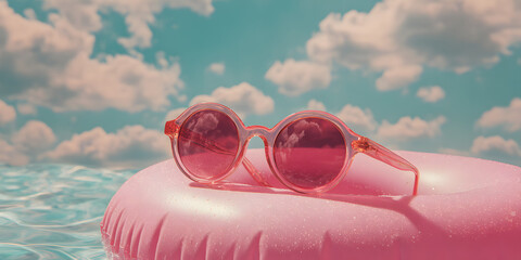 Pink sunglasses rest on a pink pool float under a turquoise sky dreamy lifestyle minimal