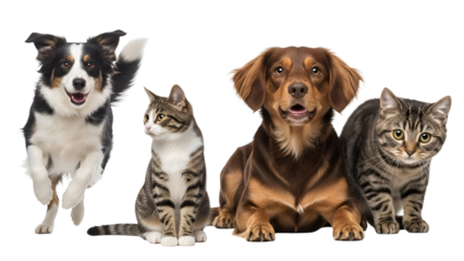 Happy diverse pet group featuring an energetic black and white Border Collie jumping, a friendly brown dog lying down, and two adorable tabby cats, isolated on transparent background.