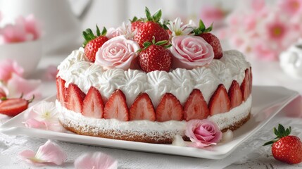 Single-Tier Strawberry Birthday Cake with Whipped Cream Rosettes