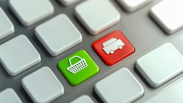 Online shopping technology with finger pressing red key near green button and shopping basket icon on keyboard ecommerce key button